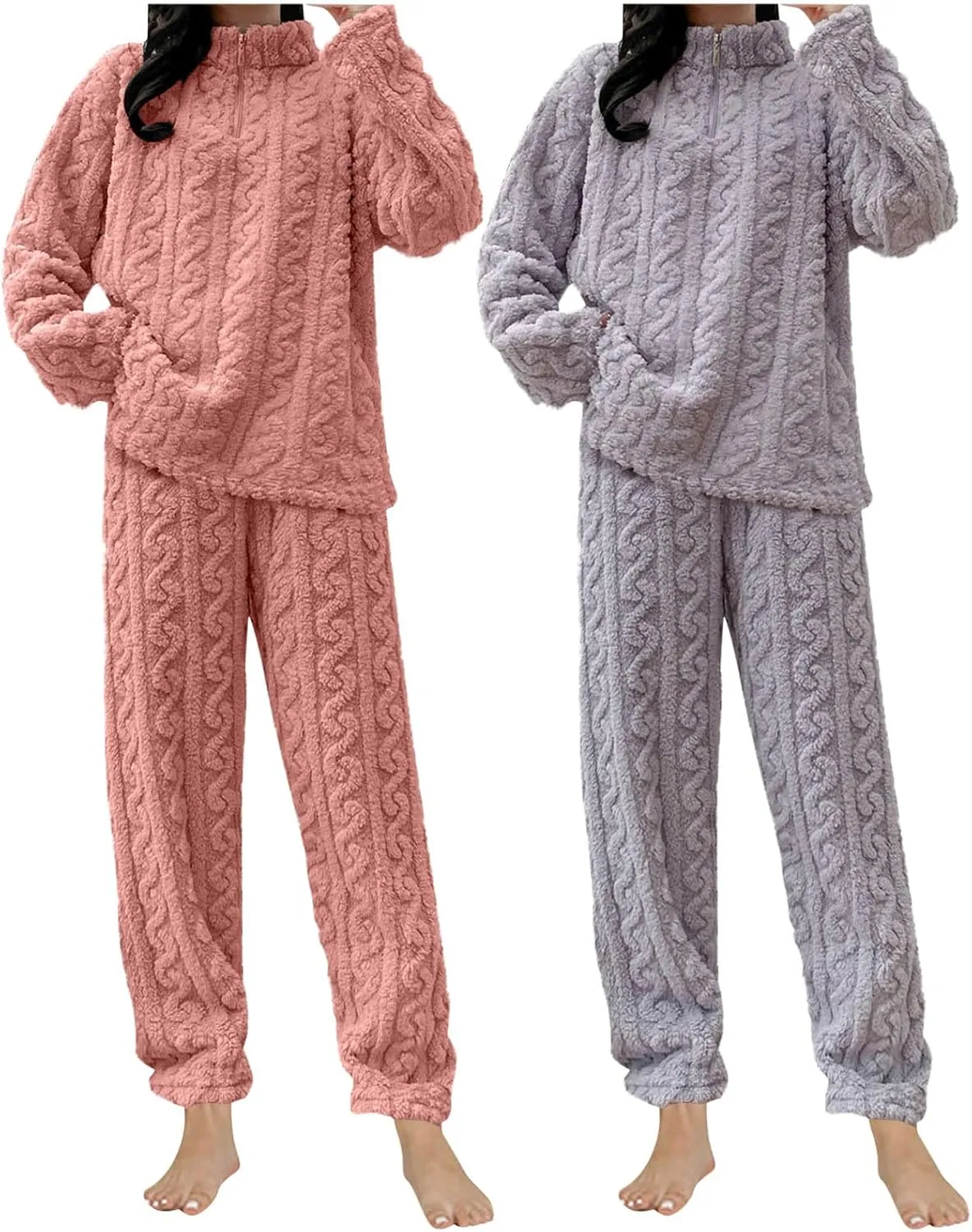 HGps8w 2 Pack Women's Fuzzy Fleece Pajama Sets - Long Sleeve Pullover Sleepwear Tops Long Pants 2 Piece Lounge Outfits