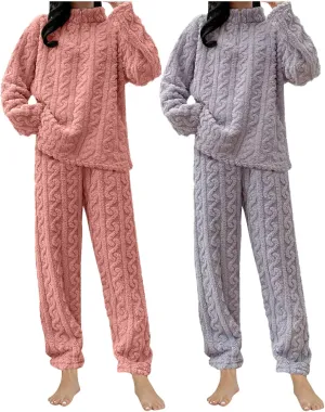 HGps8w 2 Pack Women's Fuzzy Fleece Pajama Sets - Long Sleeve Pullover Sleepwear Tops Long Pants 2 Piece Lounge Outfits