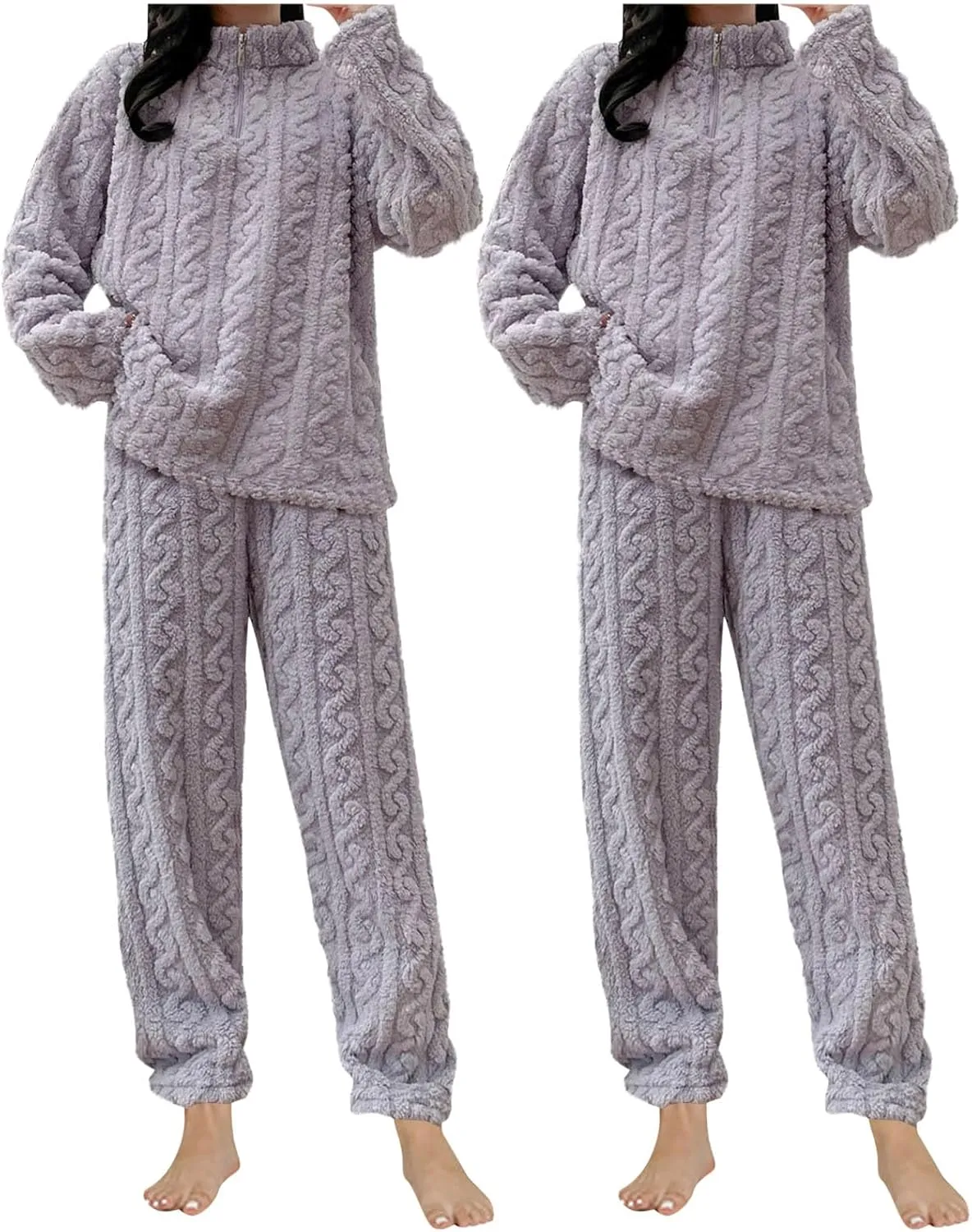 HGps8w 2 Pack Women's Fuzzy Fleece Pajama Sets - Long Sleeve Pullover Sleepwear Tops Long Pants 2 Piece Lounge Outfits
