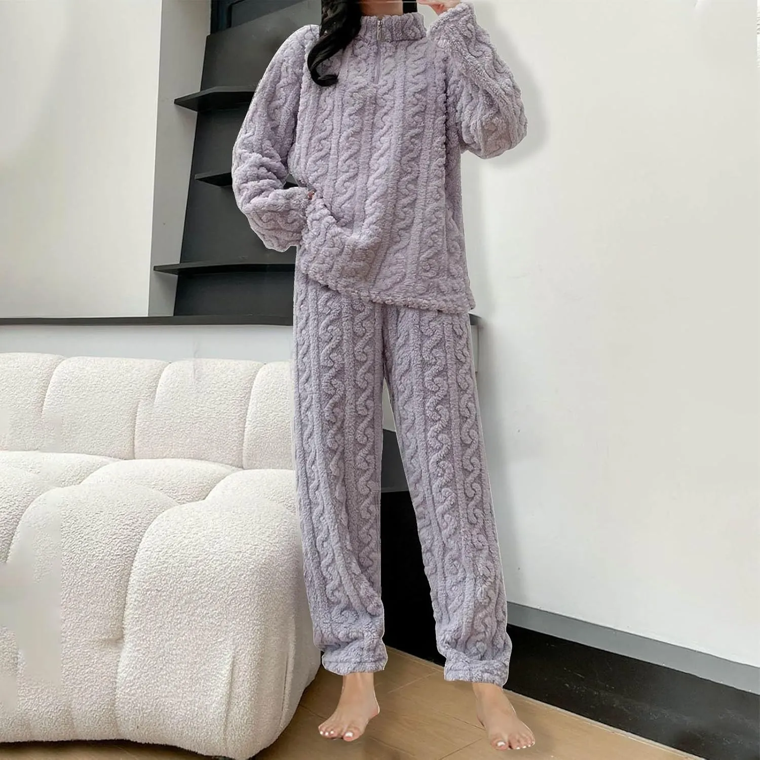 HGps8w 2 Pack Women's Fuzzy Fleece Pajama Sets - Long Sleeve Pullover Sleepwear Tops Long Pants 2 Piece Lounge Outfits