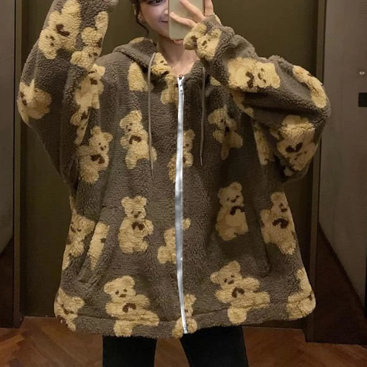 HGps8w Women's Cute Bear Plush Pajama Tops, Pullover Soft Fluffy Fleece Warm Sweatshirts Winter Comfy Fuzzy Lounge Sleepwear