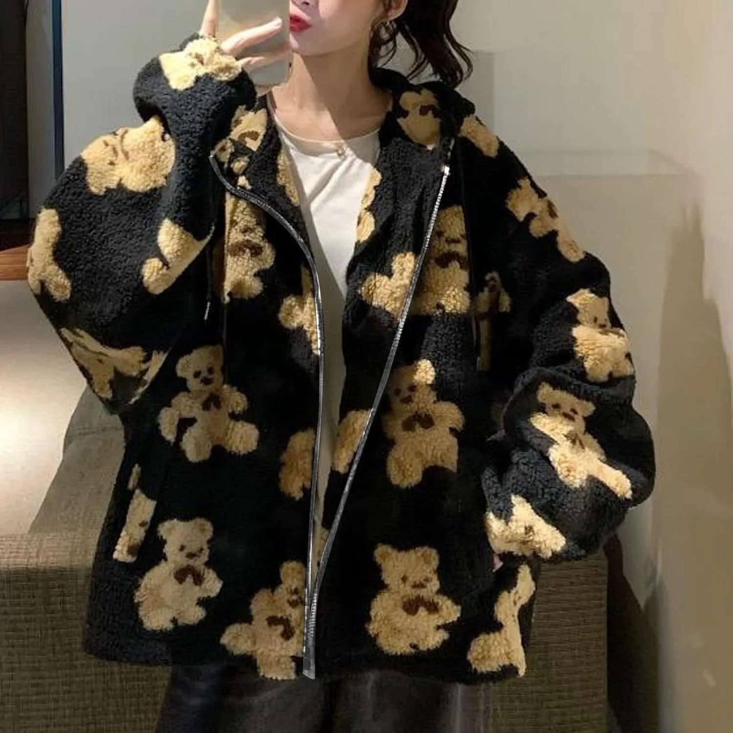 HGps8w Women's Cute Bear Plush Pajama Tops, Soft Fluffy Fleece Warm Pjs Sweatshirts Sleepwear Comfy Fuzzy Lounge Hoodies