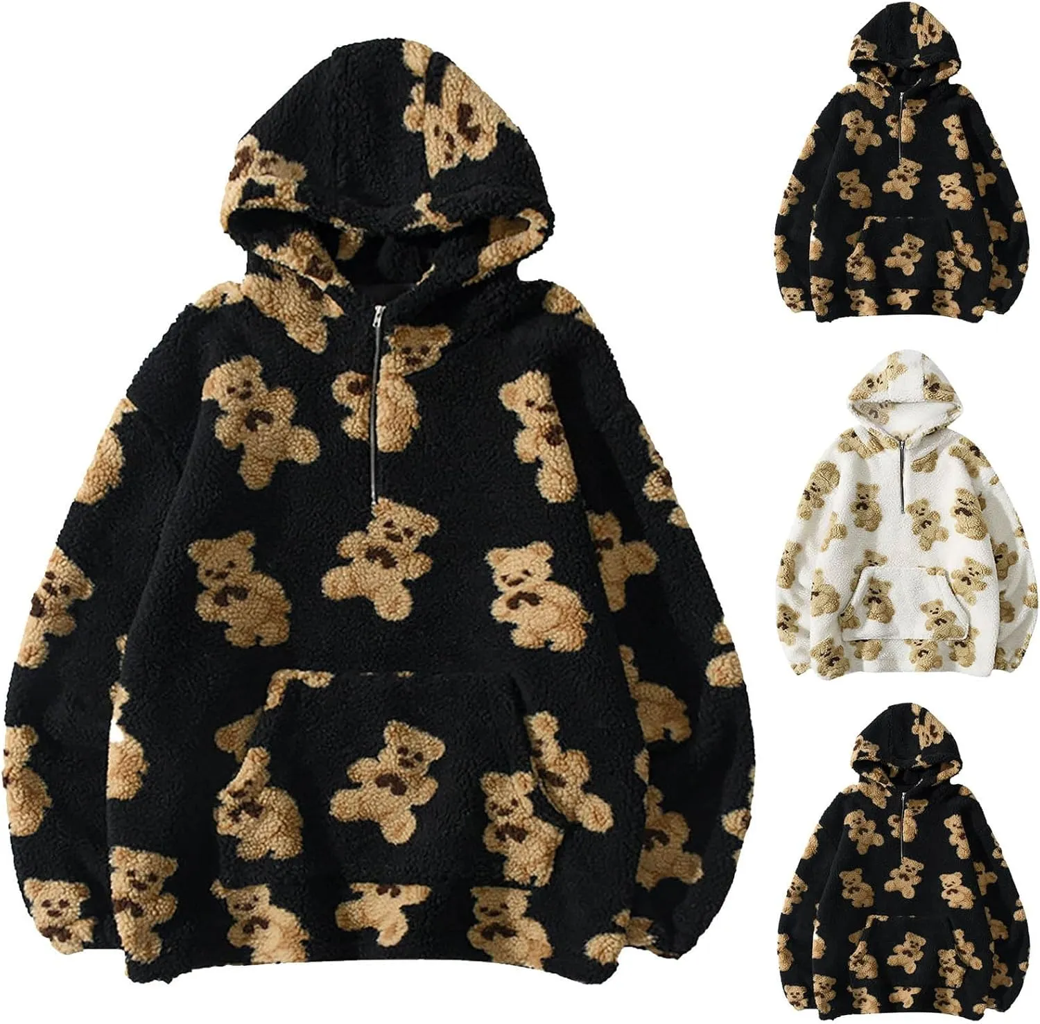 HGps8w Women's Cute Bear Plush Pajama Tops, Soft Fluffy Fleece Warm Pjs Sweatshirts Sleepwear Comfy Fuzzy Lounge Hoodies
