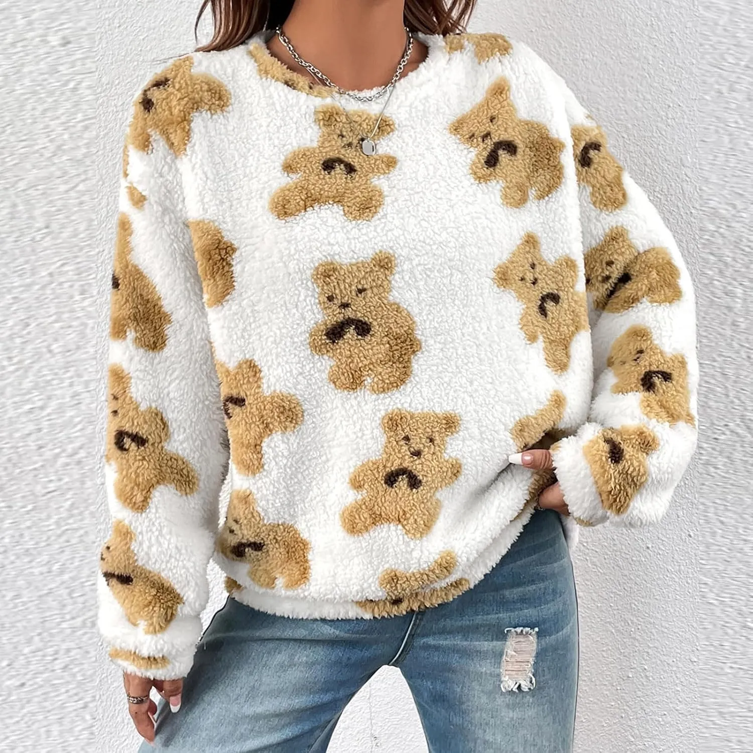 HGps8w Women's Cute Bear Plush Pajama Tops, Soft Fluffy Fleece Warm Pjs Sweatshirts Sleepwear Comfy Fuzzy Lounge Hoodies