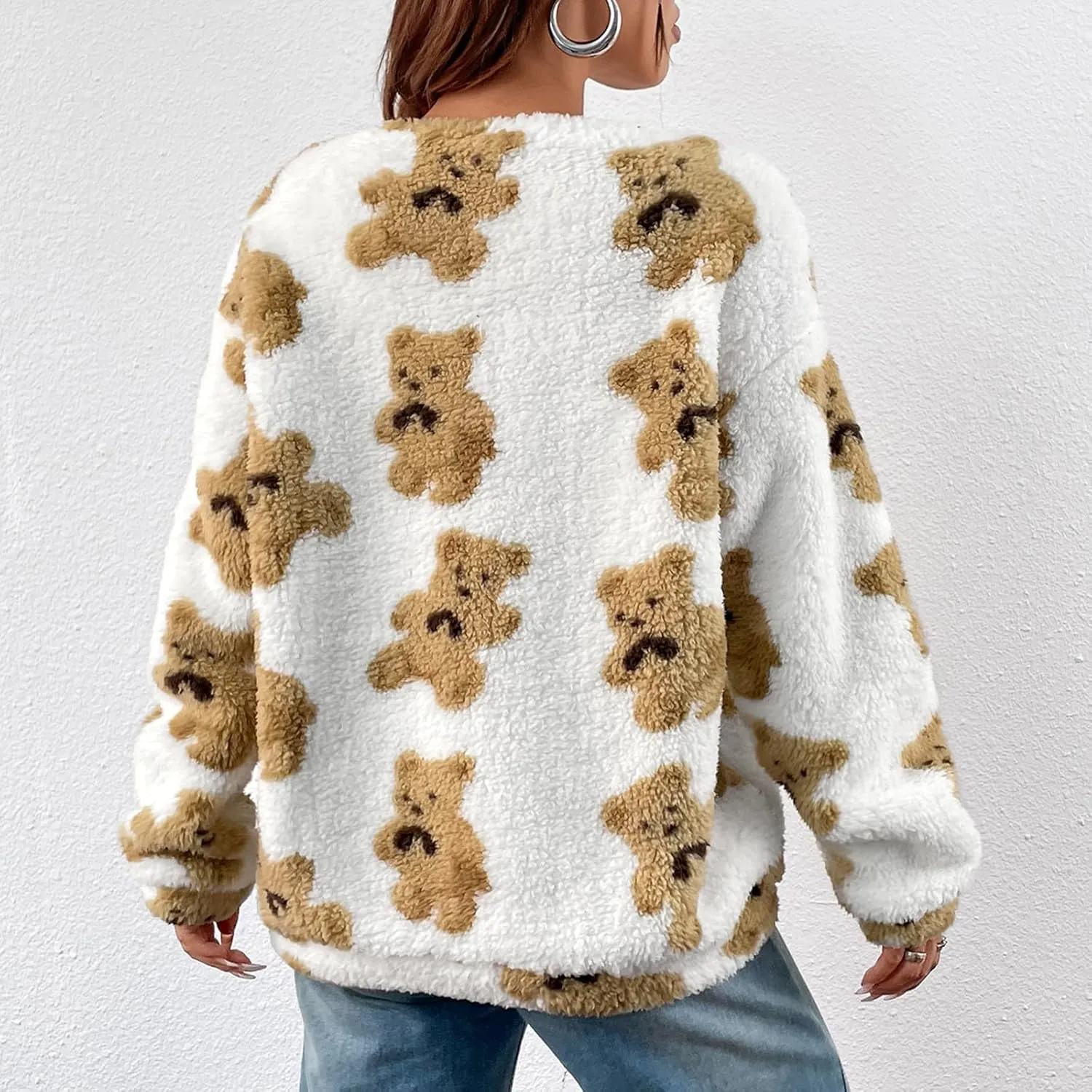 HGps8w Women's Cute Bear Plush Pajama Tops, Soft Fluffy Fleece Warm Pjs Sweatshirts Sleepwear Comfy Fuzzy Lounge Hoodies
