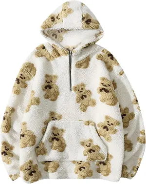 HGps8w Women's Cute Bear Plush Pajama Tops, Soft Fluffy Fleece Warm Pjs Sweatshirts Sleepwear Comfy Fuzzy Lounge Hoodies