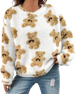 HGps8w Women's Cute Bear Plush Pajama Tops, Soft Fluffy Fleece Warm Pjs Sweatshirts Sleepwear Comfy Fuzzy Lounge Hoodies