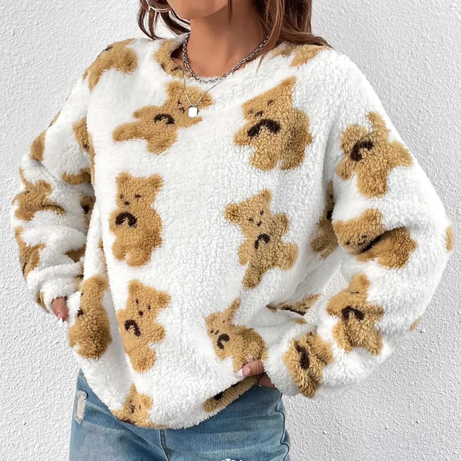 HGps8w Women's Cute Bear Plush Pajama Tops, Soft Fluffy Fleece Warm Pjs Sweatshirts Sleepwear Comfy Fuzzy Lounge Hoodies