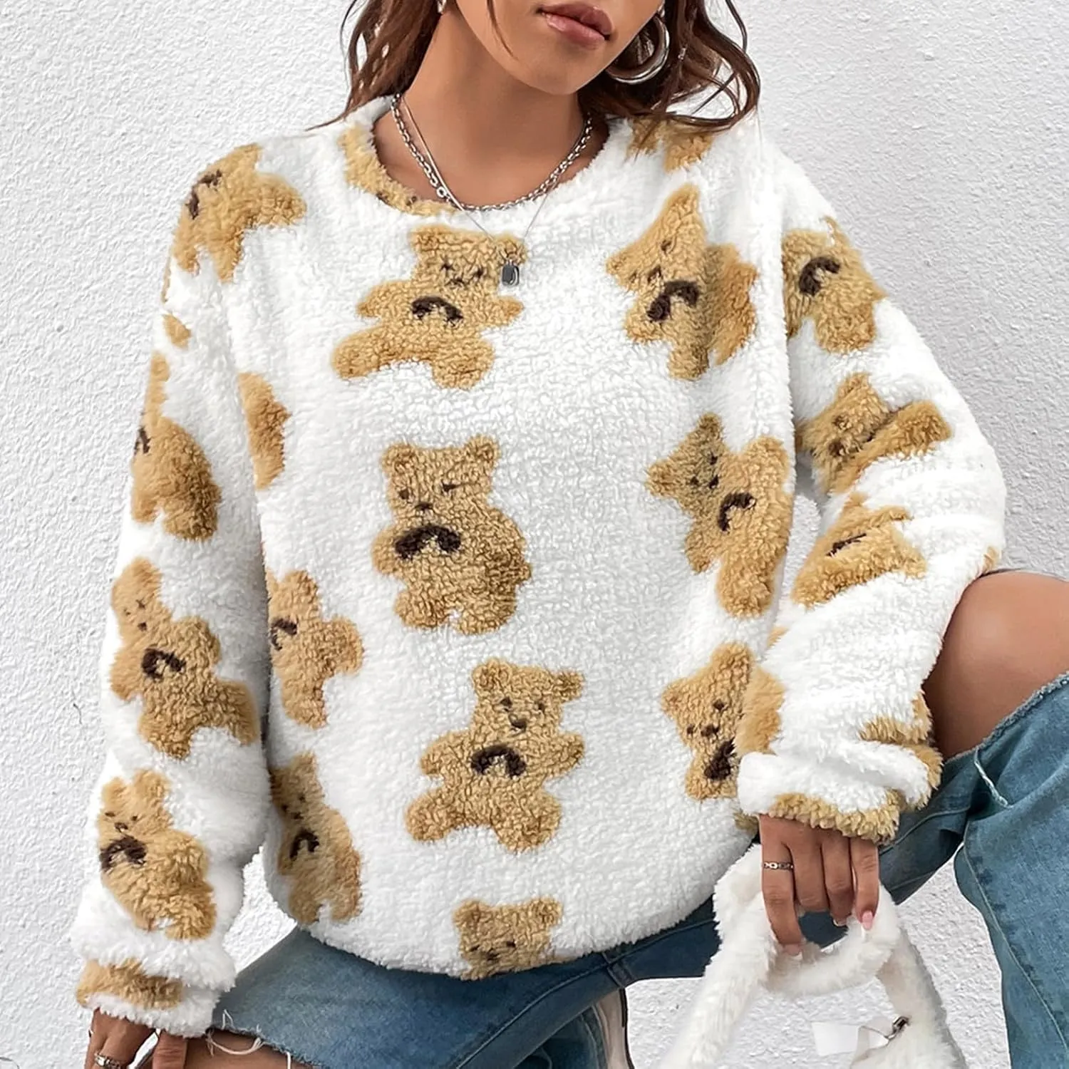 HGps8w Women's Cute Bear Plush Pajama Tops, Soft Fluffy Fleece Warm Pjs Sweatshirts Sleepwear Comfy Fuzzy Lounge Hoodies