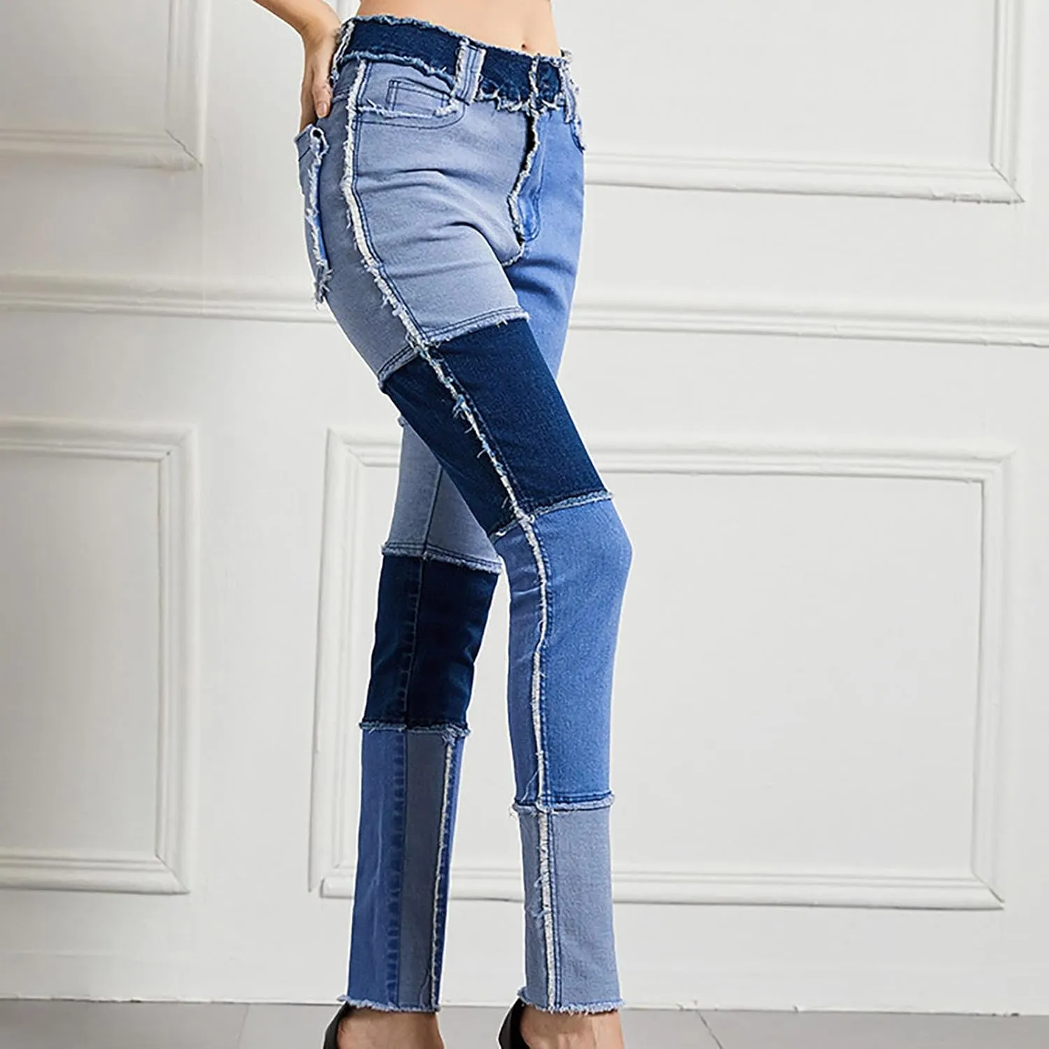 HGps8w Womens Patchwork Stretch Skinny Jeans - Slim Fit High Waisted Streetwear Denim Pants with Pockets
