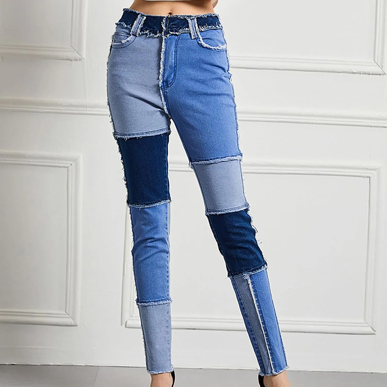 HGps8w Womens Patchwork Stretch Skinny Jeans - Slim Fit High Waisted Streetwear Denim Pants with Pockets