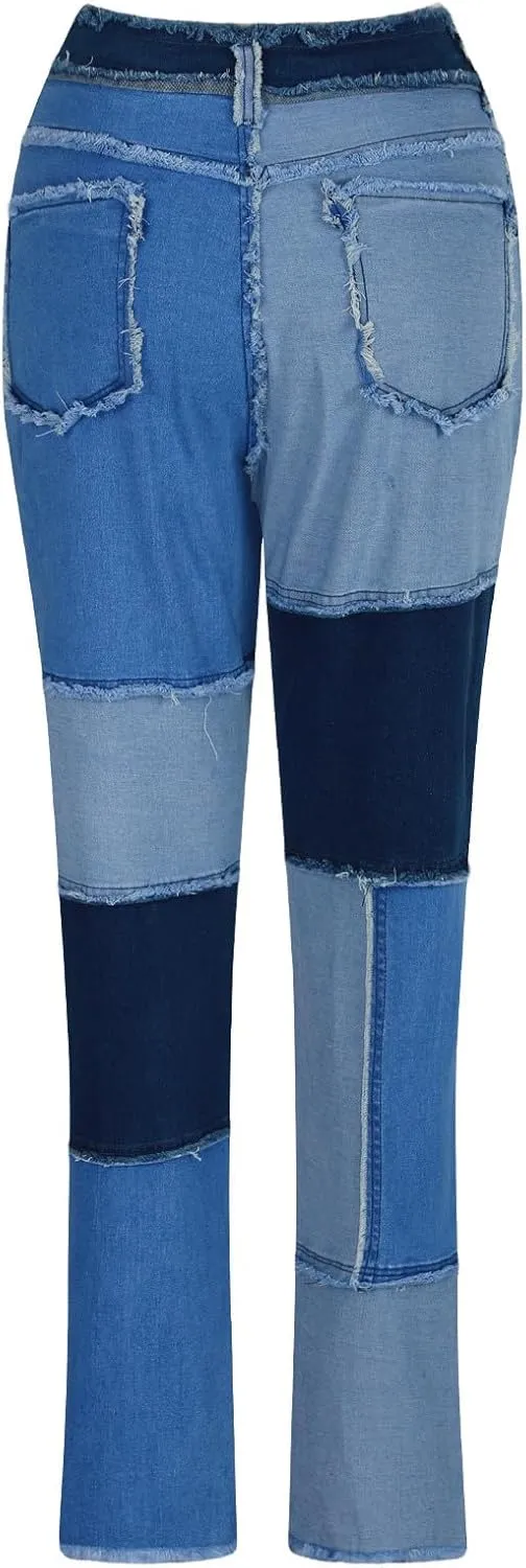 HGps8w Womens Patchwork Stretch Skinny Jeans - Slim Fit High Waisted Streetwear Denim Pants with Pockets