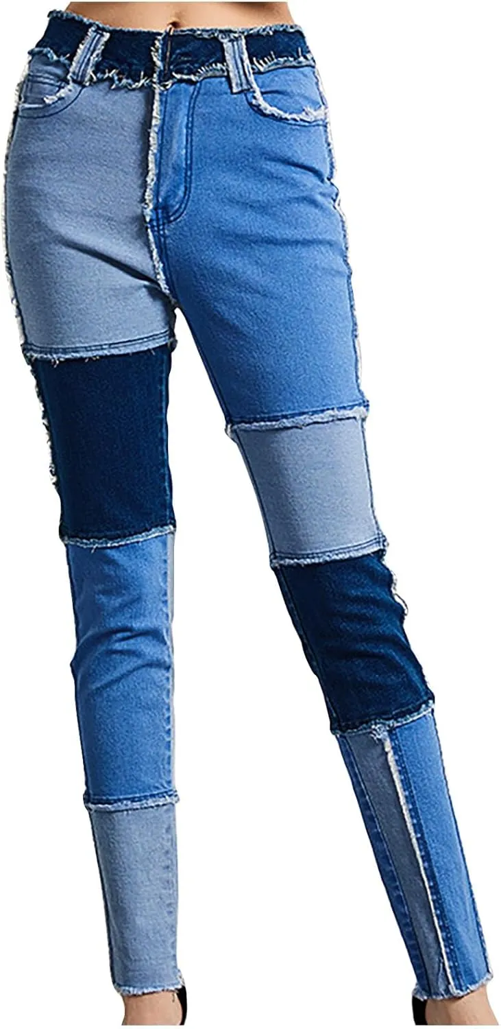 HGps8w Womens Patchwork Stretch Skinny Jeans - Slim Fit High Waisted Streetwear Denim Pants with Pockets