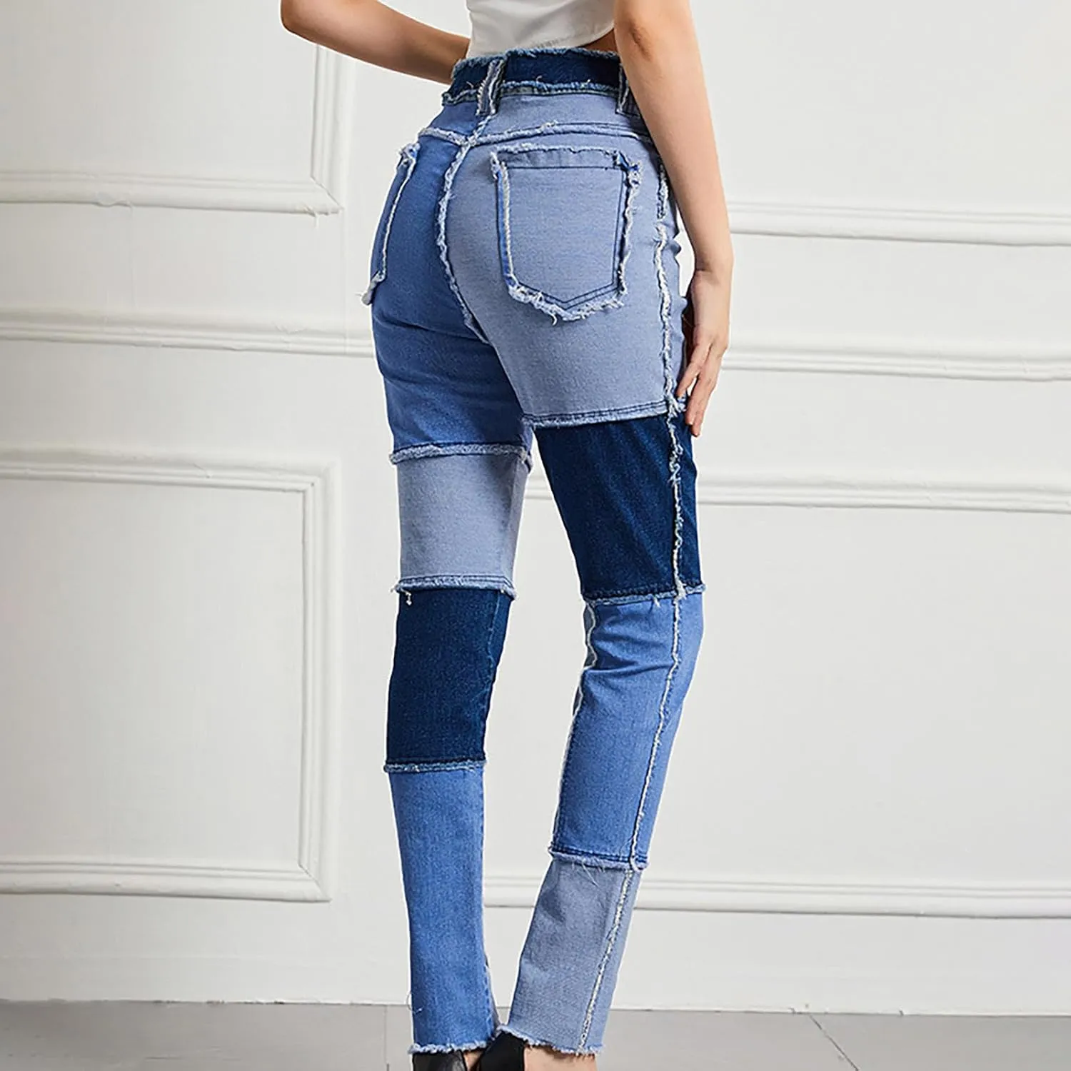 HGps8w Womens Patchwork Stretch Skinny Jeans - Slim Fit High Waisted Streetwear Denim Pants with Pockets