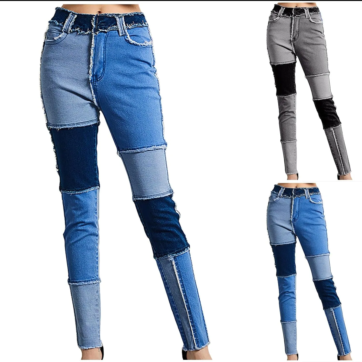 HGps8w Womens Patchwork Stretch Skinny Jeans - Slim Fit High Waisted Streetwear Denim Pants with Pockets