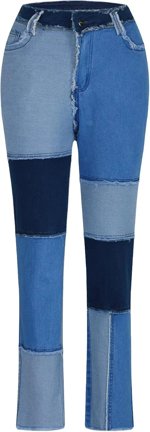 HGps8w Womens Patchwork Stretch Skinny Jeans - Slim Fit High Waisted Streetwear Denim Pants with Pockets