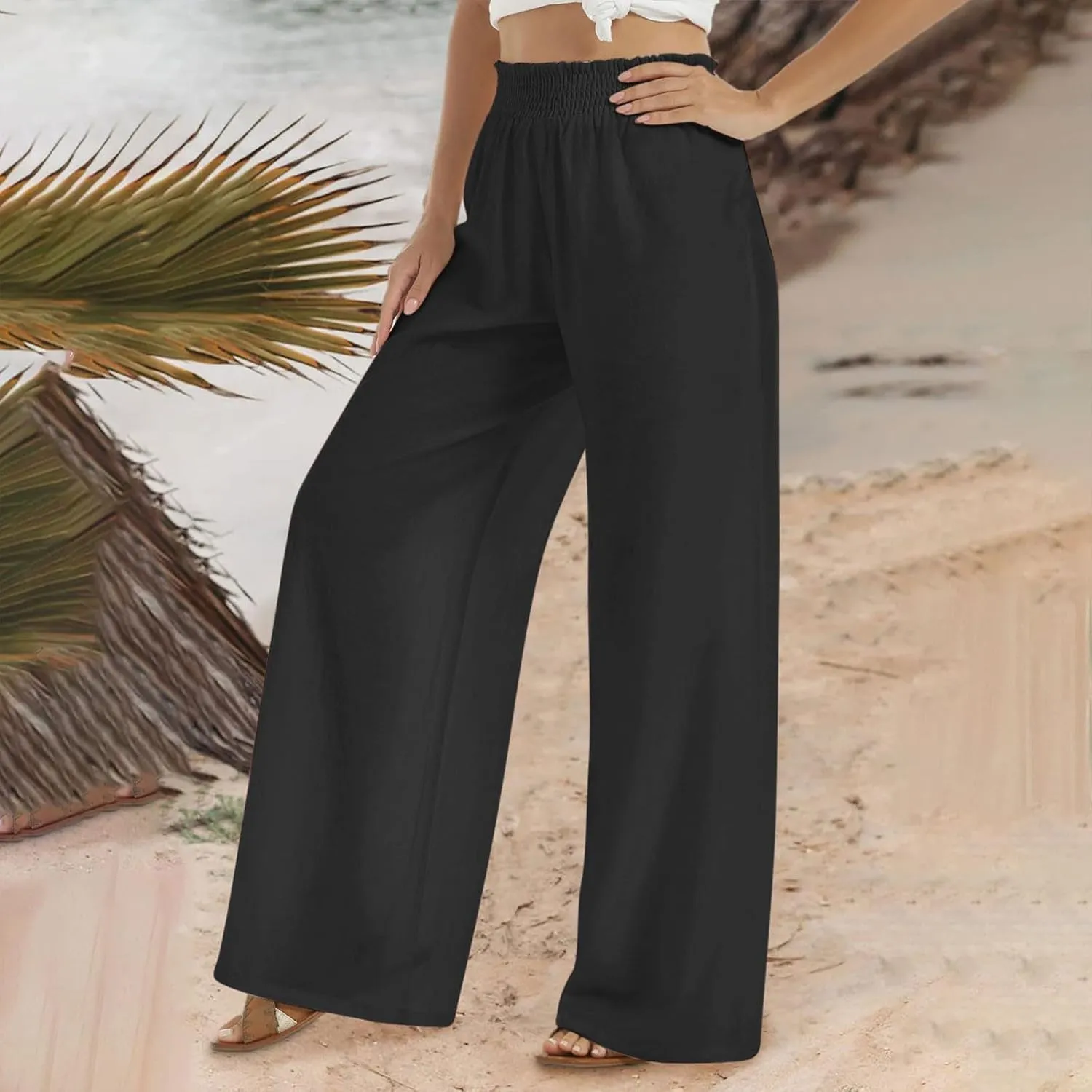 High Cut Flare Wide Leg Trousers Pants for Women Summer Fall Linen Loose Fit Trousers Pants Women 2025