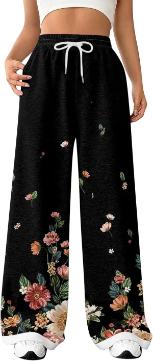 High Waisted Active Pants for Women Wide Leg Lounge Sweatpant with Pockets Boho Floral Print Workout Athletic Joggers