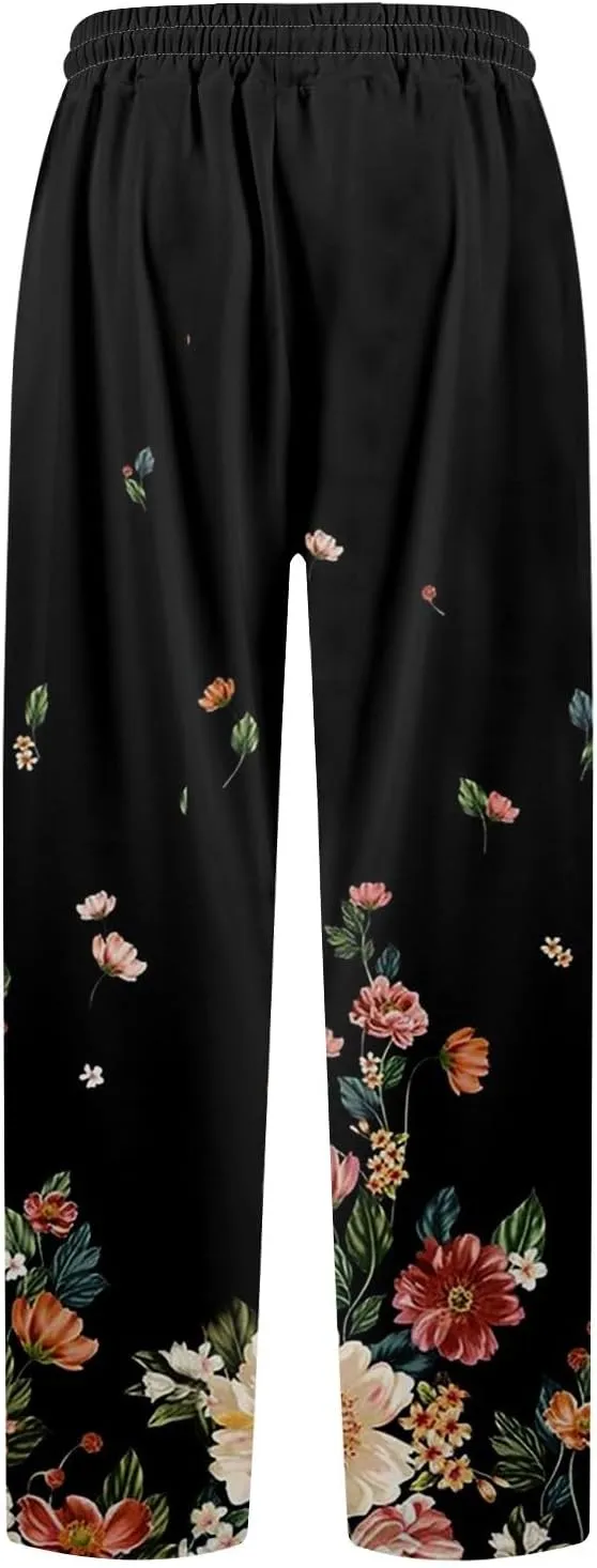 High Waisted Active Pants for Women Wide Leg Lounge Sweatpant with Pockets Boho Floral Print Workout Athletic Joggers