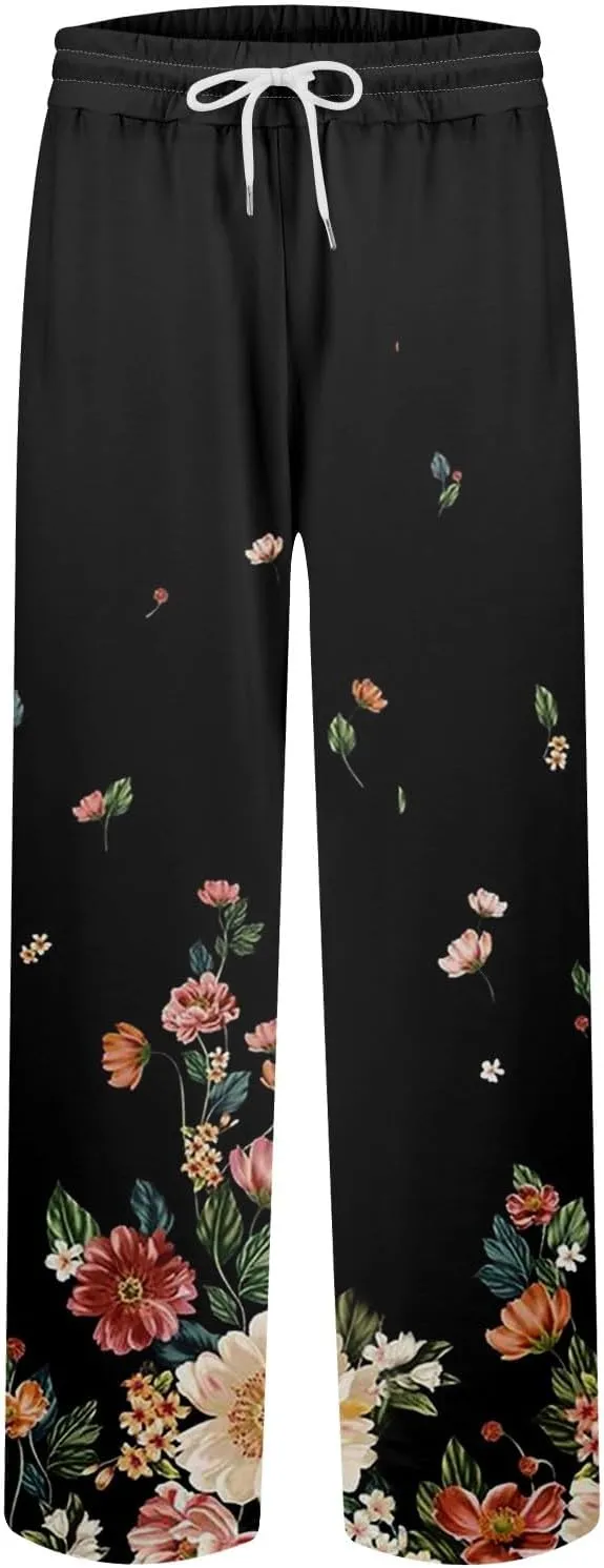 High Waisted Active Pants for Women Wide Leg Lounge Sweatpant with Pockets Boho Floral Print Workout Athletic Joggers