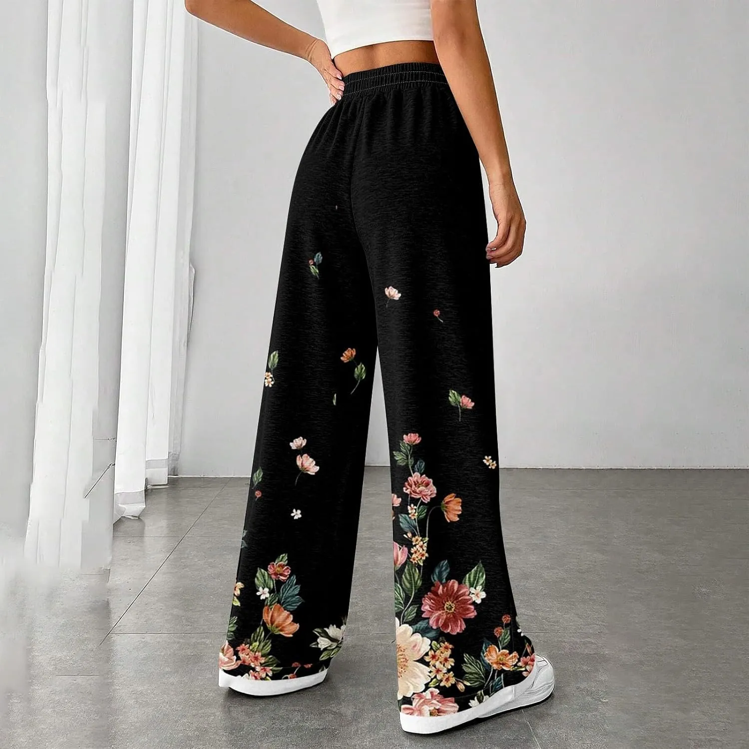 High Waisted Active Pants for Women Wide Leg Lounge Sweatpant with Pockets Boho Floral Print Workout Athletic Joggers