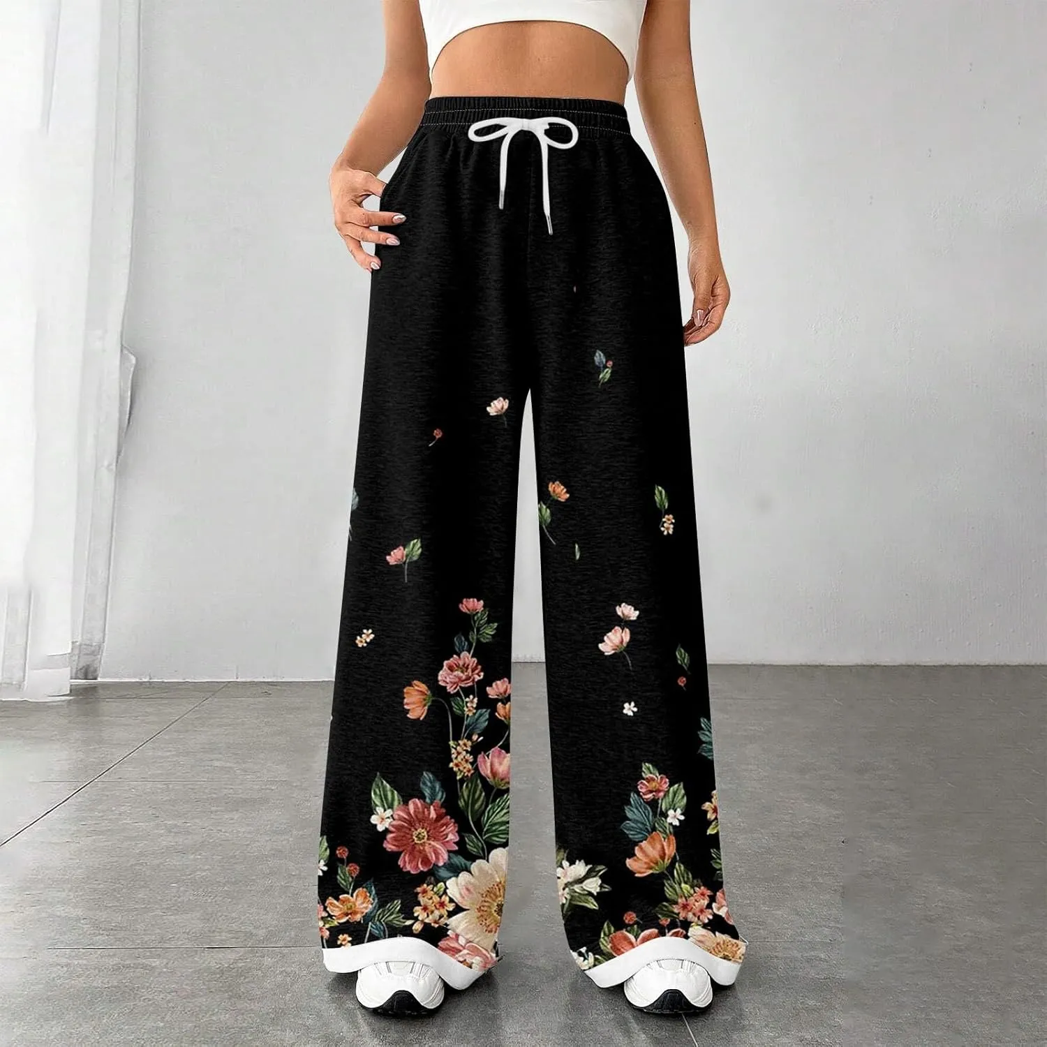 High Waisted Active Pants for Women Wide Leg Lounge Sweatpant with Pockets Boho Floral Print Workout Athletic Joggers