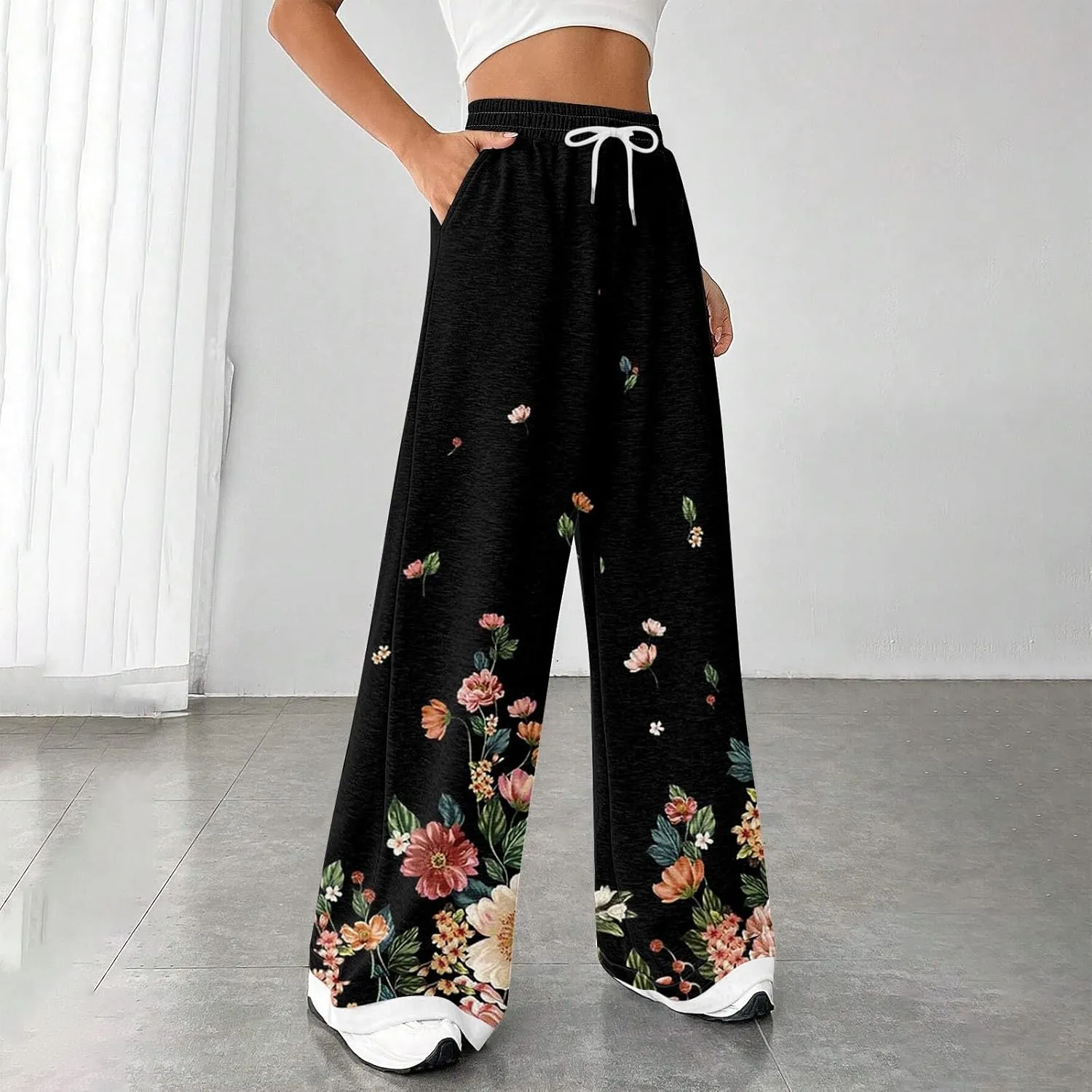 High Waisted Active Pants for Women Wide Leg Lounge Sweatpant with Pockets Boho Floral Print Workout Athletic Joggers