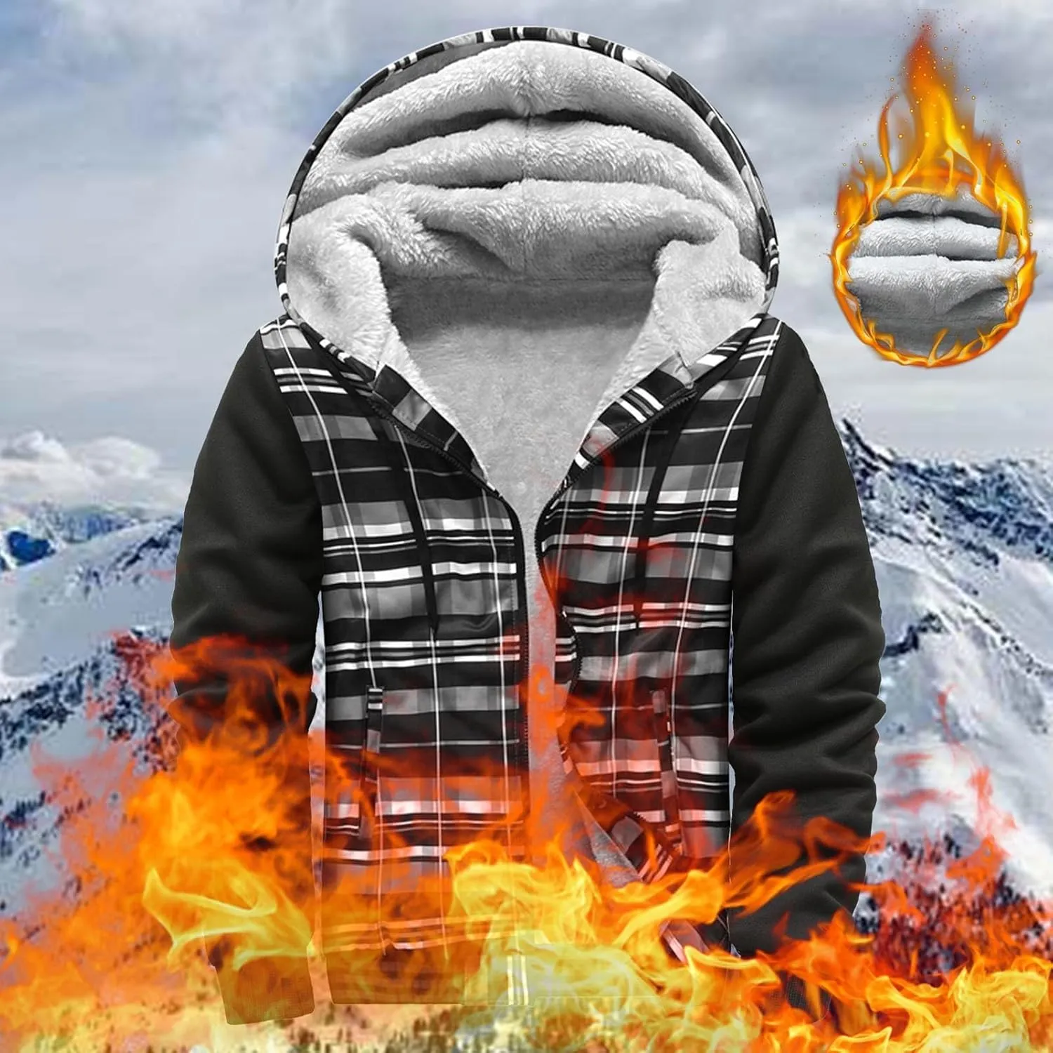 Hoodies for Men Sherpa Lined Fleece Sweatshirt Full Zip Wool Warm Thick Coats Color Block Hooded Jacket Workout Hoodie