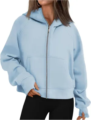 Hoodies for Women Zip Up Cropped Sweatshirts Casual Long Sleeve Jacket Oversized Fleece Top Casual Trendy Coat