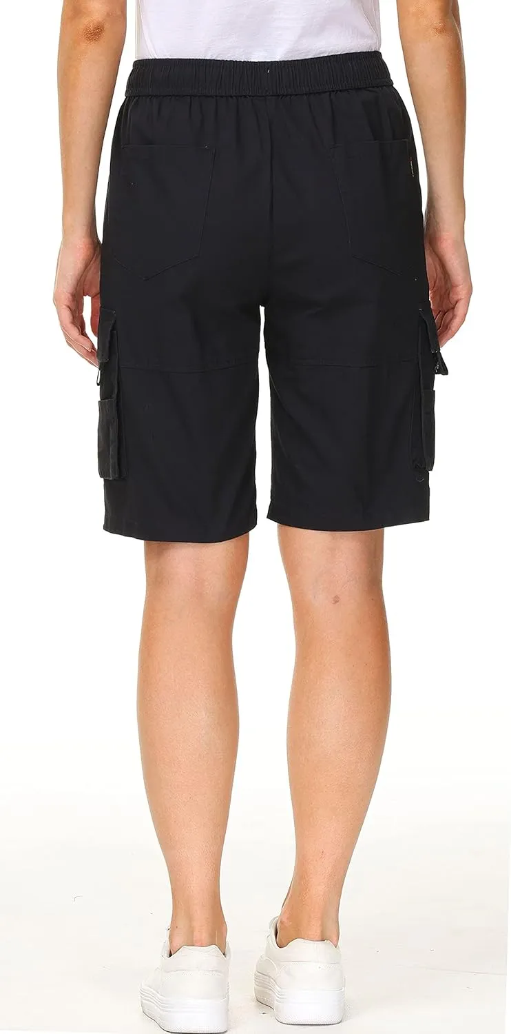 HOW'ON Women's Casual Loose Fit Twill Bermuda Cargo Shorts Multi Pocket Straight Shorts