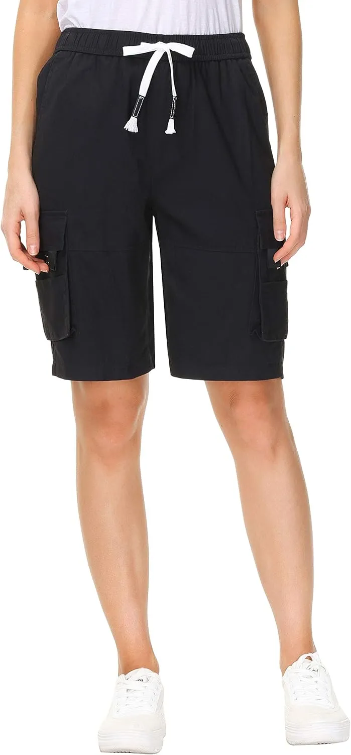 HOW'ON Women's Casual Loose Fit Twill Bermuda Cargo Shorts Multi Pocket Straight Shorts