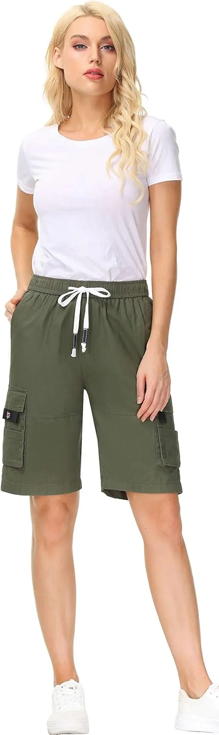 HOW'ON Women's Casual Loose Fit Twill Bermuda Cargo Shorts Multi Pocket Straight Shorts