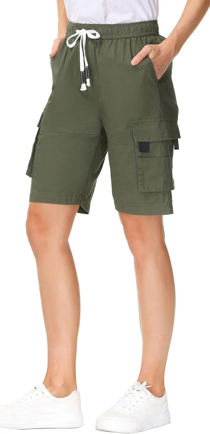 HOW'ON Women's Casual Loose Fit Twill Bermuda Cargo Shorts Multi Pocket Straight Shorts