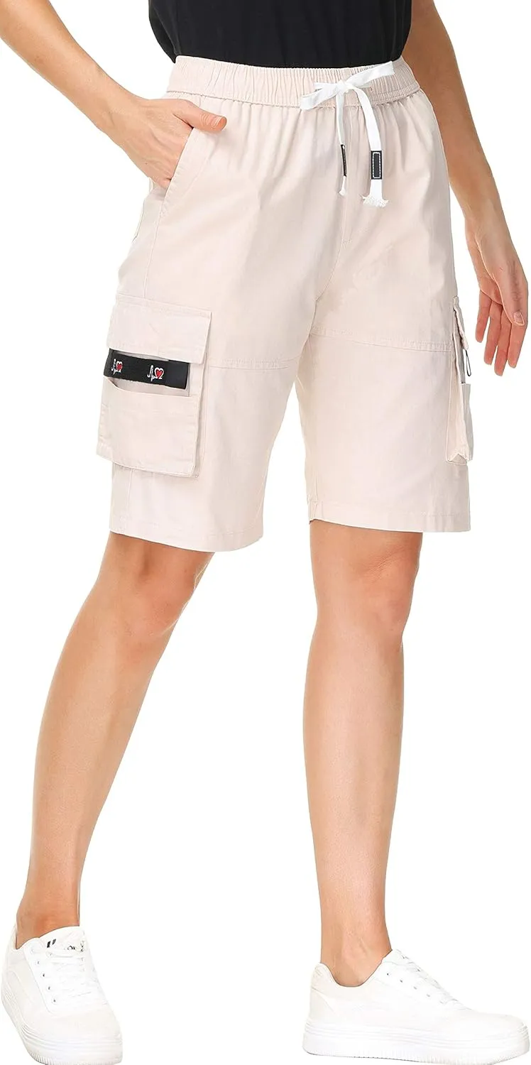 HOW'ON Women's Casual Loose Fit Twill Bermuda Cargo Shorts Multi Pocket Straight Shorts