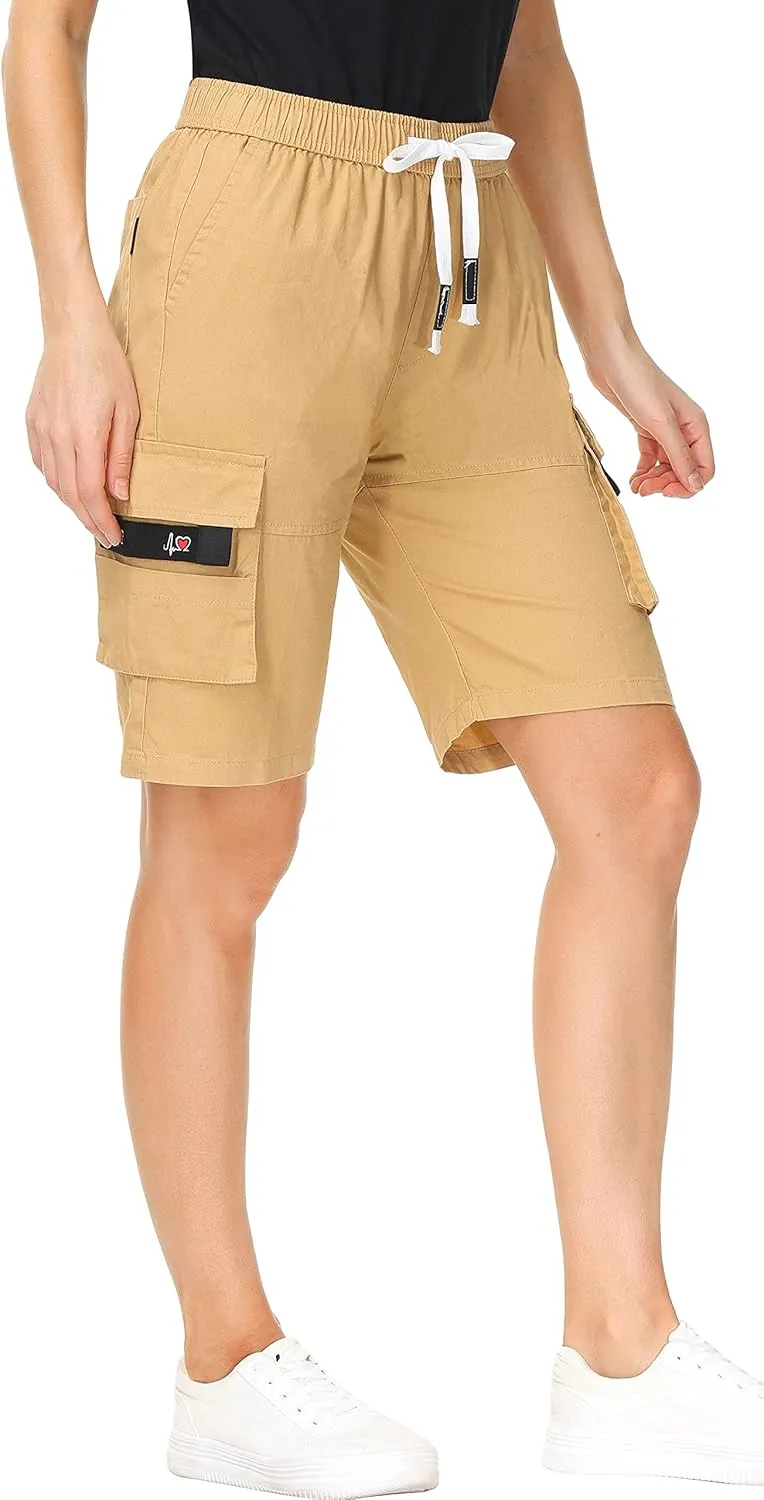 HOW'ON Women's Casual Loose Fit Twill Bermuda Cargo Shorts Multi Pocket Straight Shorts