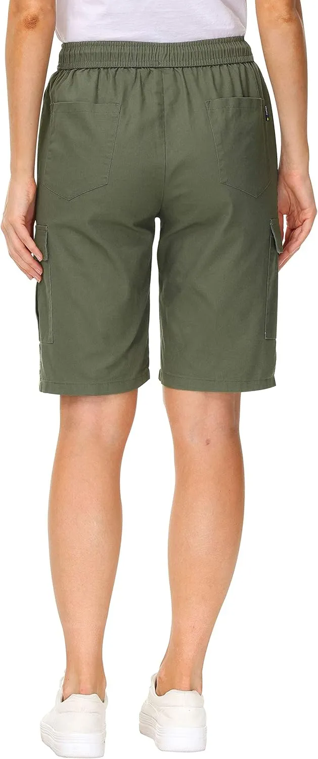 HOW'ON Women's Casual Loose Fit Twill Bermuda Cargo Shorts Multi Pocket Straight Shorts