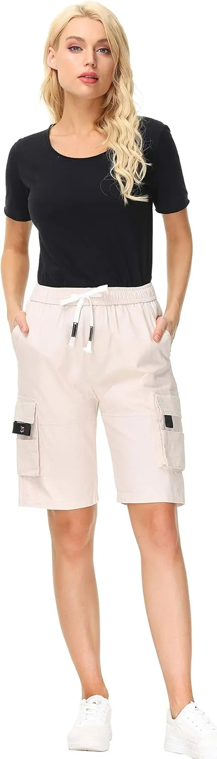HOW'ON Women's Casual Loose Fit Twill Bermuda Cargo Shorts Multi Pocket Straight Shorts