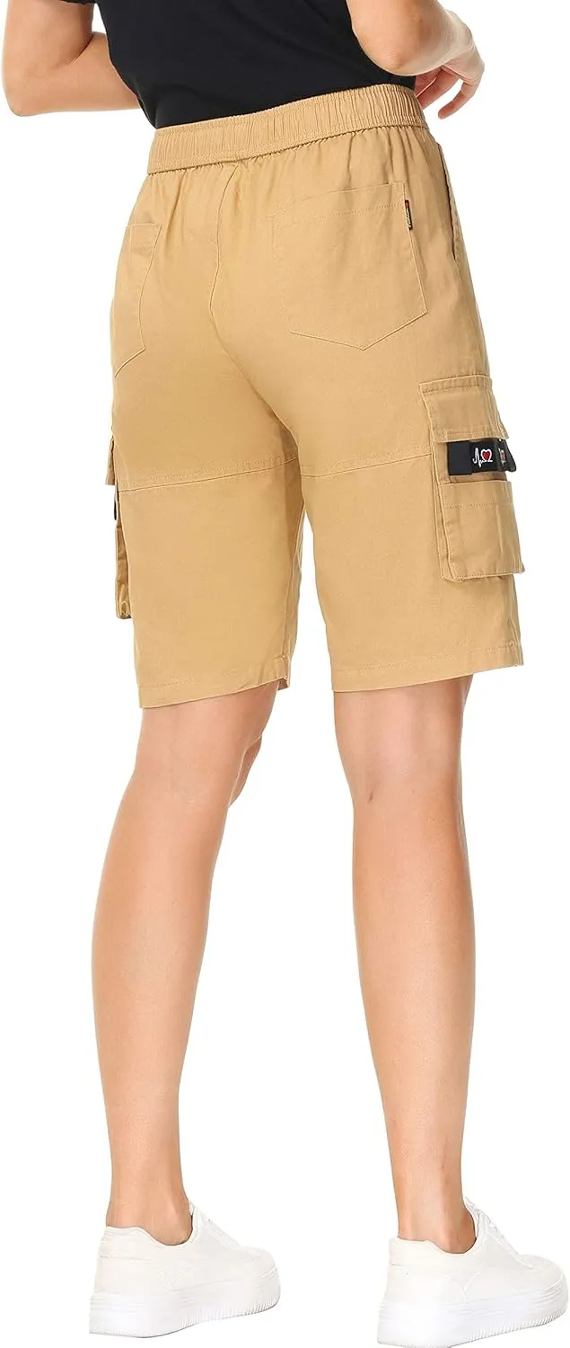 HOW'ON Women's Casual Loose Fit Twill Bermuda Cargo Shorts Multi Pocket Straight Shorts