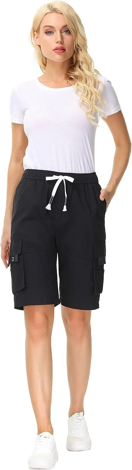 HOW'ON Women's Casual Loose Fit Twill Bermuda Cargo Shorts Multi Pocket Straight Shorts