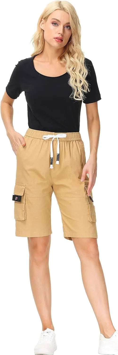 HOW'ON Women's Casual Loose Fit Twill Bermuda Cargo Shorts Multi Pocket Straight Shorts