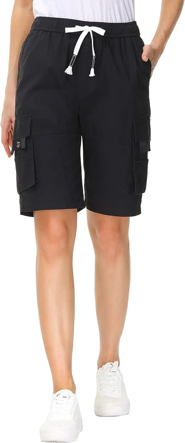 HOW'ON Women's Casual Loose Fit Twill Bermuda Cargo Shorts Multi Pocket Straight Shorts