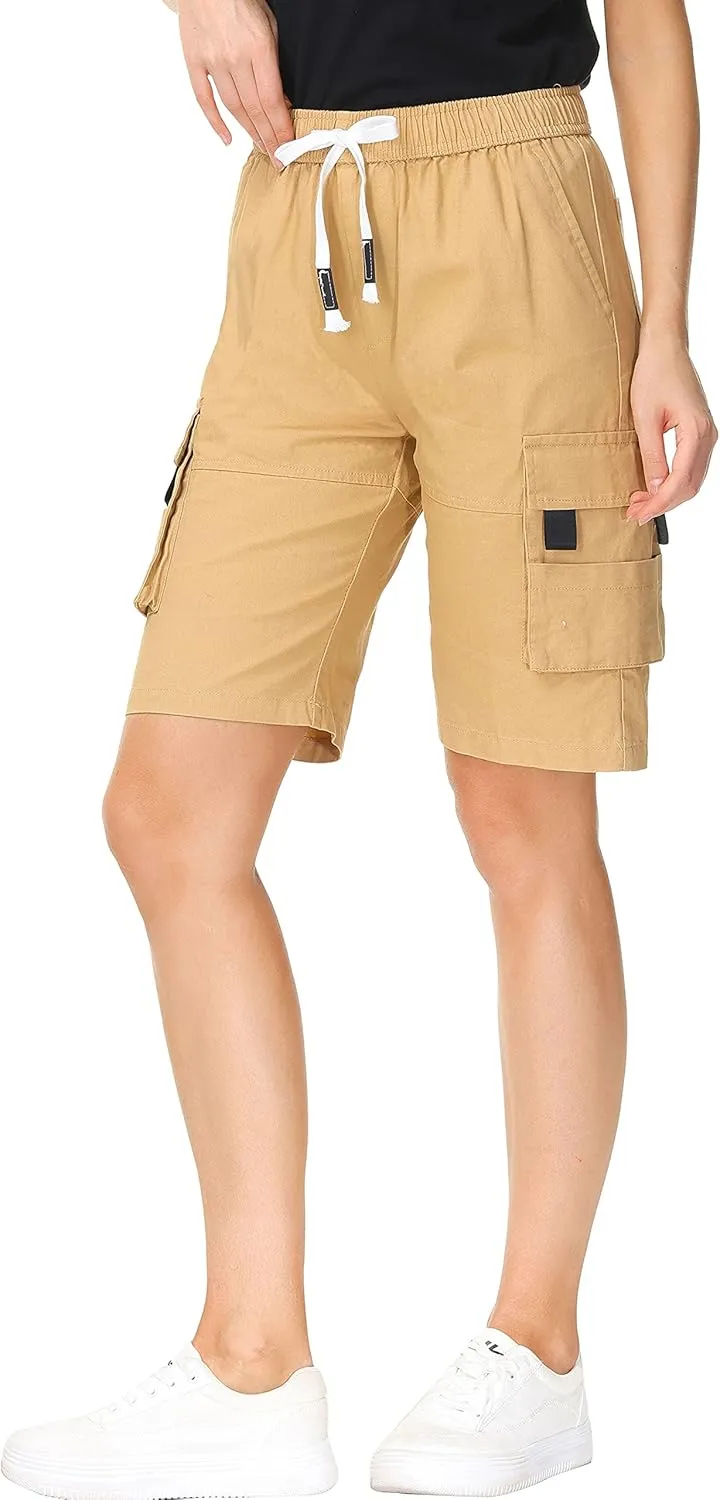 HOW'ON Women's Casual Loose Fit Twill Bermuda Cargo Shorts Multi Pocket Straight Shorts