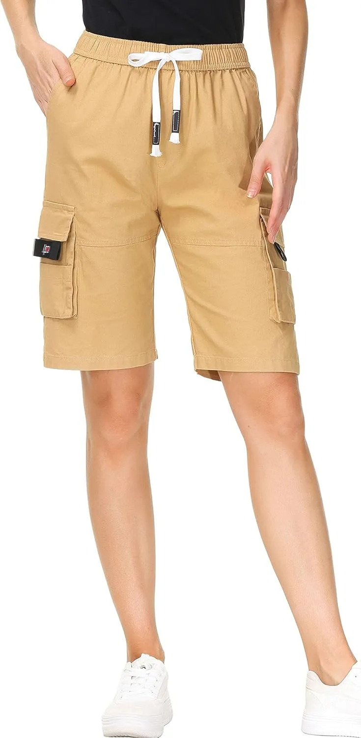 HOW'ON Women's Casual Loose Fit Twill Bermuda Cargo Shorts Multi Pocket Straight Shorts