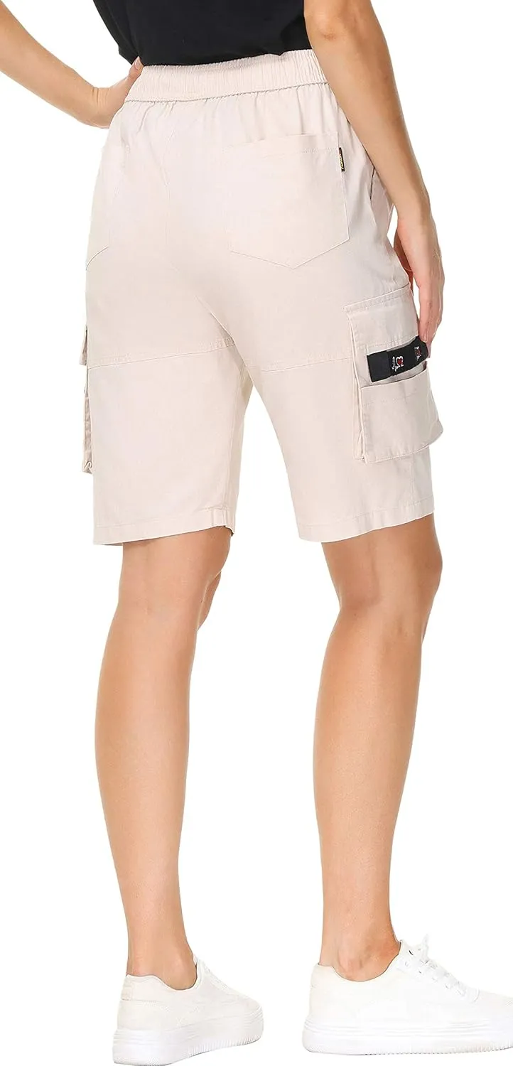 HOW'ON Women's Casual Loose Fit Twill Bermuda Cargo Shorts Multi Pocket Straight Shorts