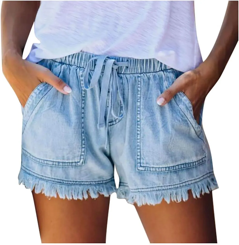Jean Shorts for Women Casual Loose Fit Drawstring Elastic High Waisted Tassels Shorts Fashion Comfort Shorts with Pockets