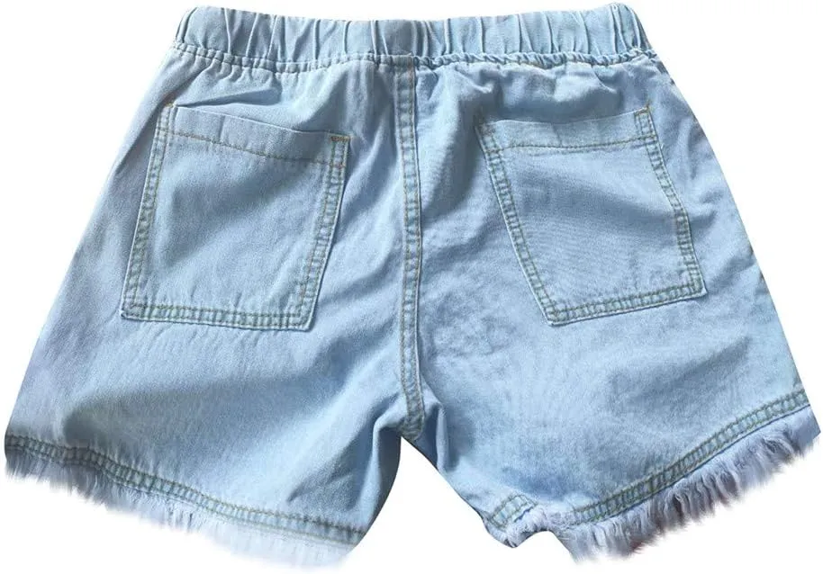 Jean Shorts for Women Casual Loose Fit Drawstring Elastic High Waisted Tassels Shorts Fashion Comfort Shorts with Pockets
