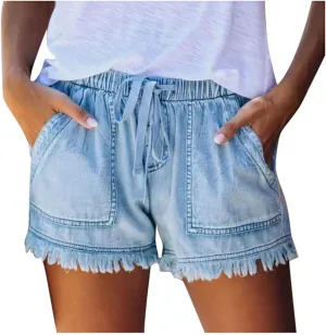 Jean Shorts for Women Casual Loose Fit Drawstring Elastic High Waisted Tassels Shorts Fashion Comfort Shorts with Pockets