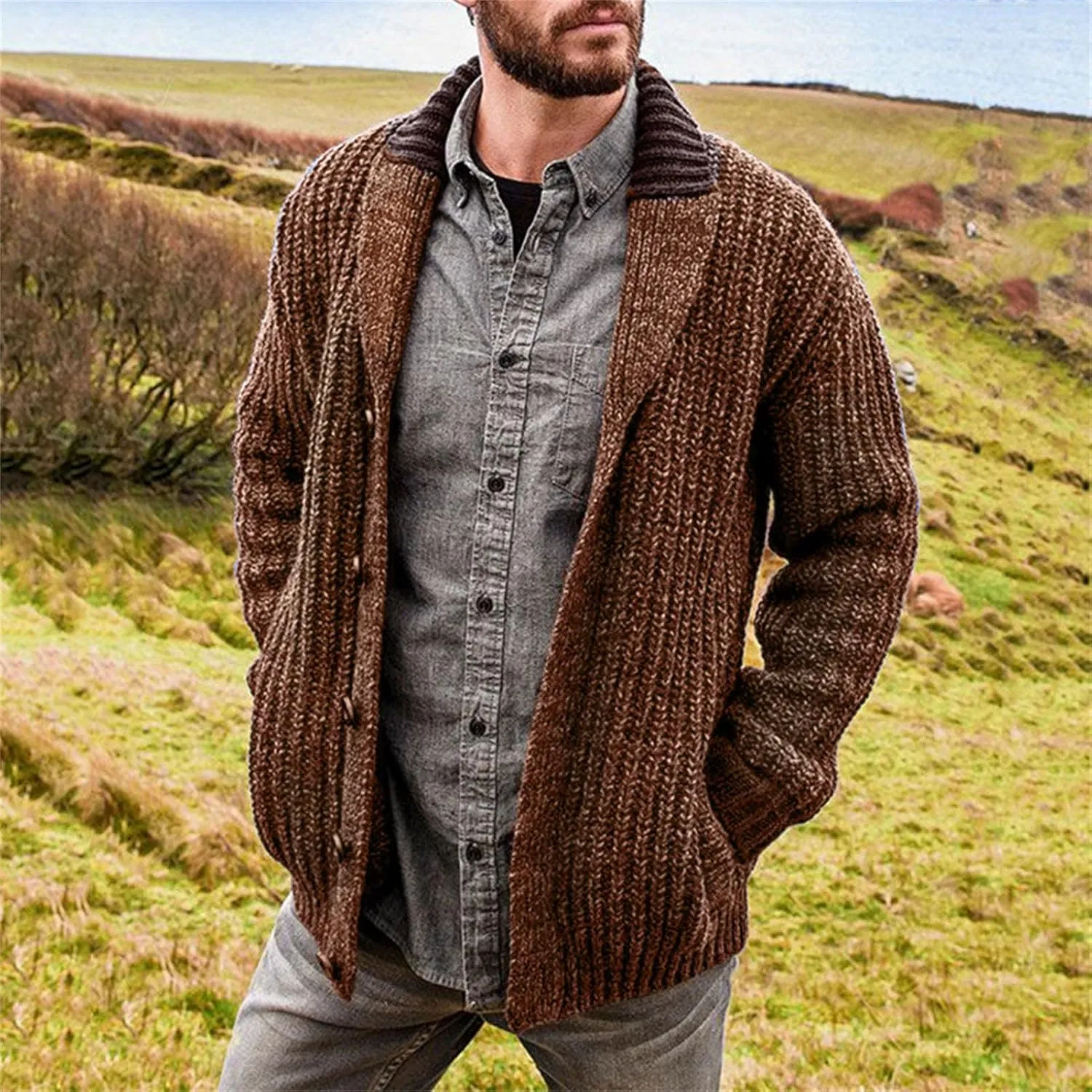 JEsilunmaMY Mens Shawl Collar Button Down Sweaters Casual Open Front Knitted Cardigan Solid Color Fall Winter Sweater Coats