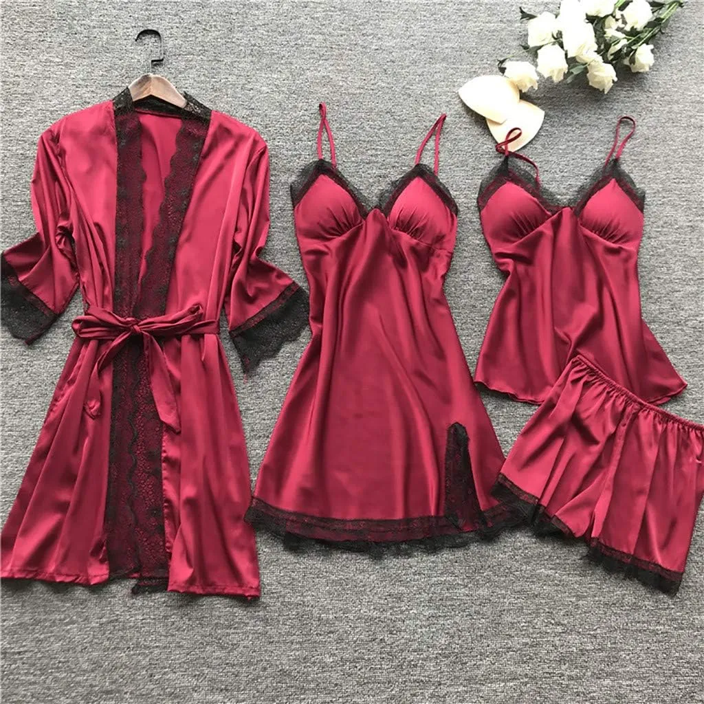 JiXiang Sleepwear for Women Pajama Set 4 Piece Sexy Silk Satin Pajamas Set Lingerie Floral Lace Cami Sleepwear with Robe