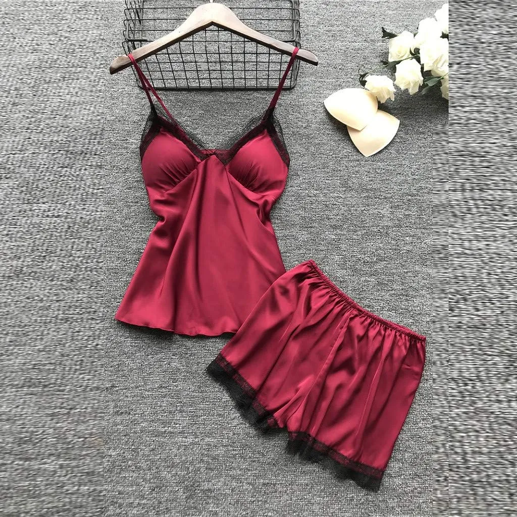 JiXiang Sleepwear for Women Pajama Set 4 Piece Sexy Silk Satin Pajamas Set Lingerie Floral Lace Cami Sleepwear with Robe